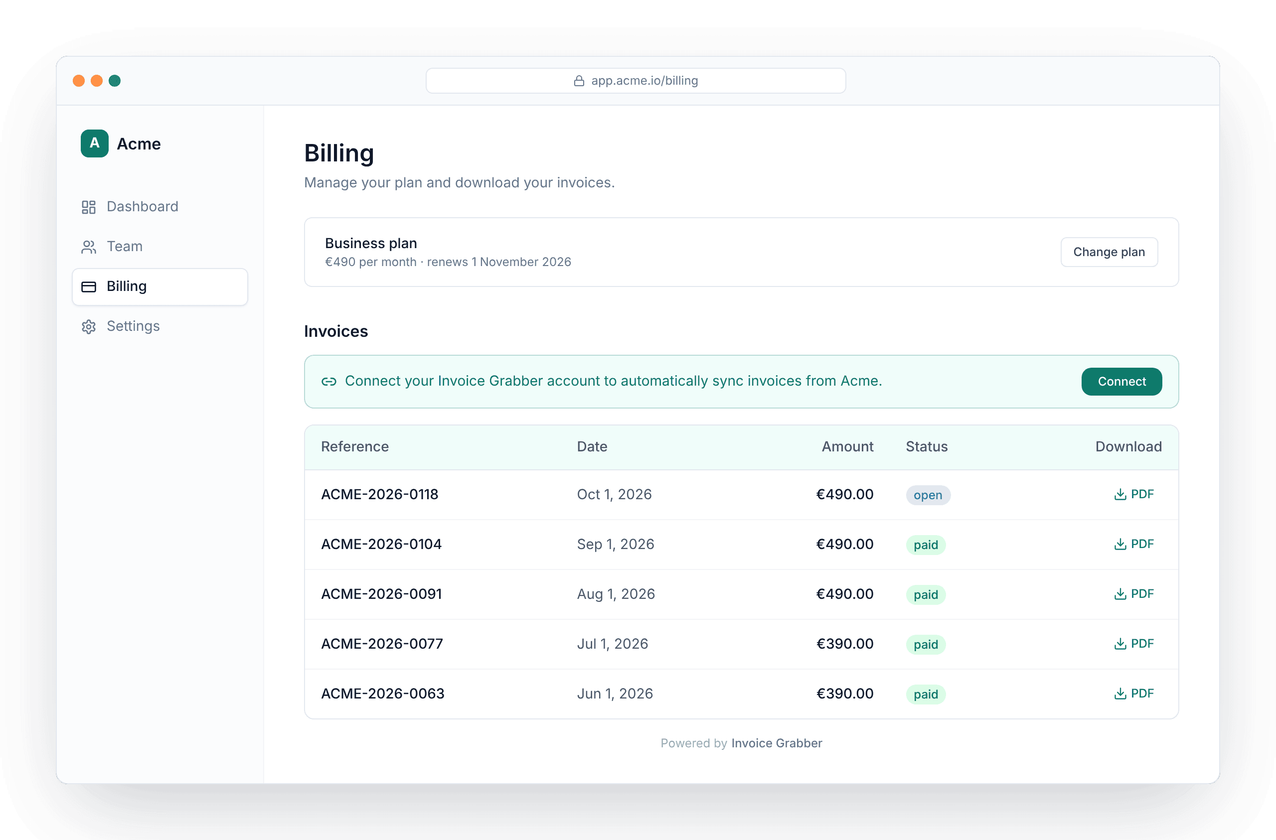 Eine Rechnungsliste in der Abrechnungsseite einer SaaS-App, mit einem Banner zum Verbinden von Invoice Grabber